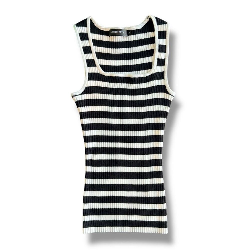 Merokeety Women's Striped Ribbed Square Neck Tank Top Black White Size Small